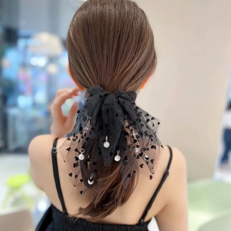 2022 New Chiffon Ponytail Ribbon pearl Bow Hair Scrunchies Knotted Bowknot Hair Ties Elastic Hair Band Hair Accessories