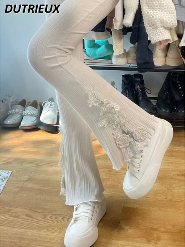 High Waist Petal Embroidered Lace Sweet Casual Pants for Women Summer 2024 New Fashion Sunken Stripe Design Bootleg Trousers