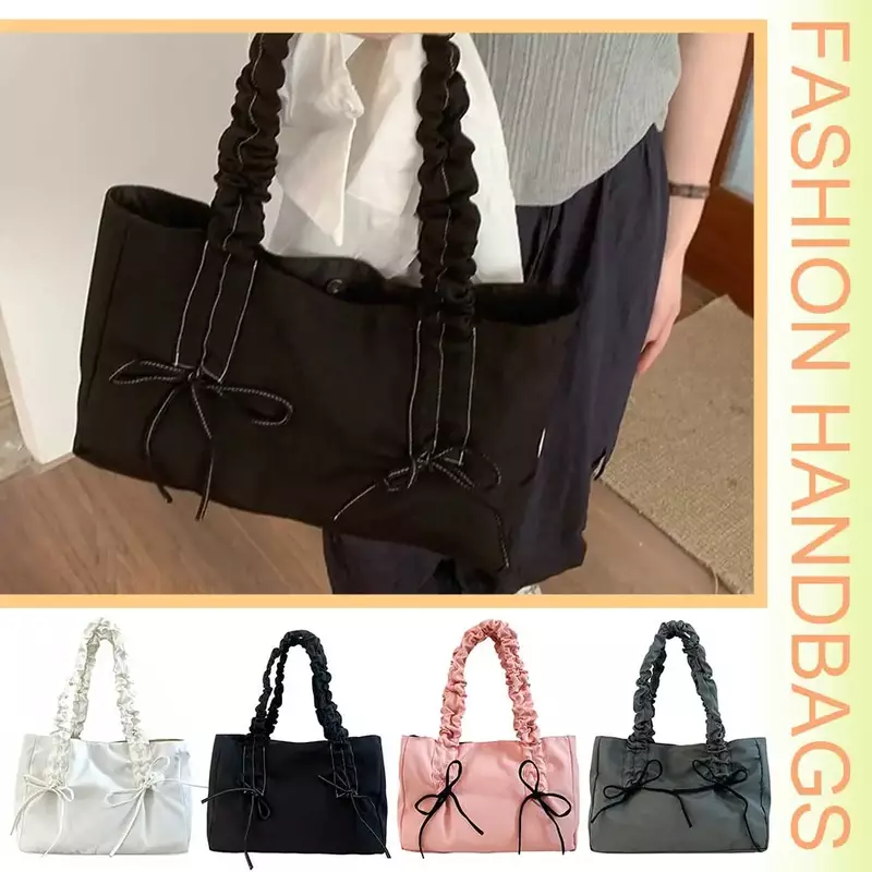Women Nylon Tote Bag Fashion Shoulder Bag Large Capacity with Bow Trendy Messenger Pleated Shoulder Strap Chic Hobo Bag