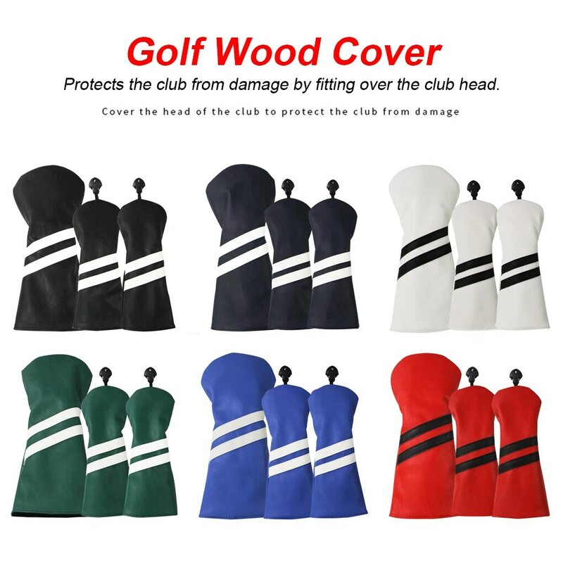 3 buah Set PU garis ganda klub Golf penutup kepala dipertukarkan pelindung berputar plat nomor pelindung kayu hijau