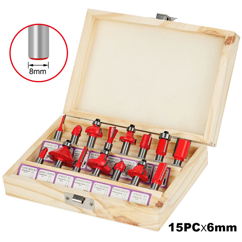 15pcs Milling Cutter Set 6mm Straight Milling Cutter Sawdust Tungsten Carbide Finishing Cutting Woodworking Trimming Router Bit