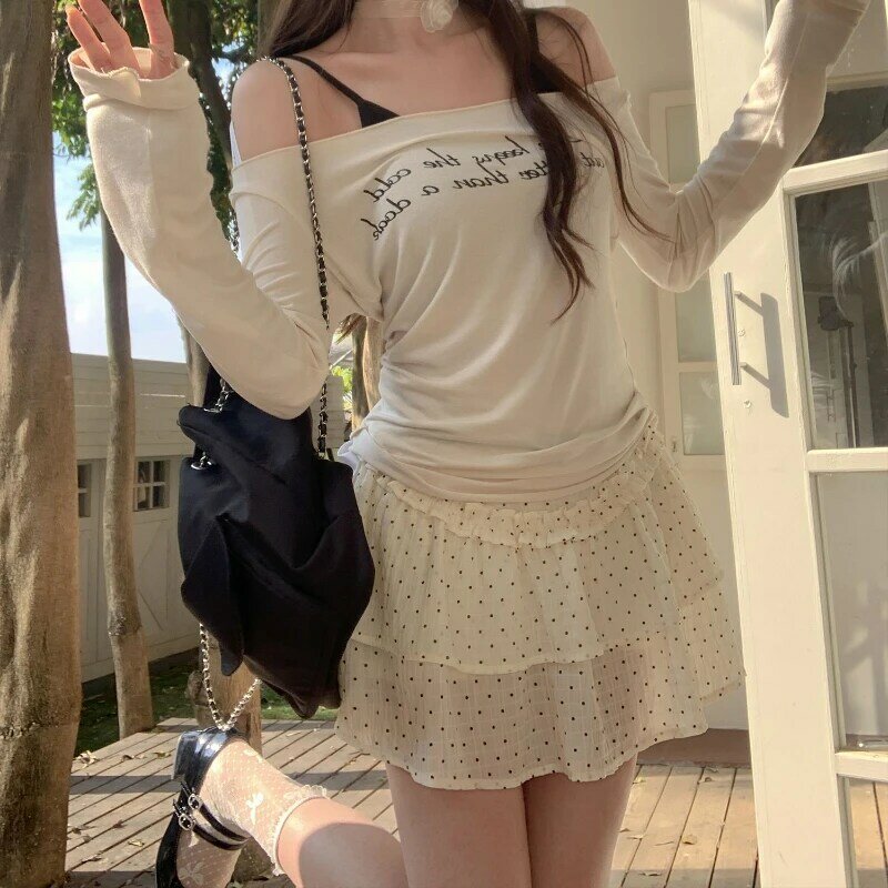 Deeptown falbany Fairycore damska Mini spódniczka urocza koronka kokardka warstwowa patchworkowa w kropki krótkie spódniczki elegancka urocza koreańska spódnica w stylu koreańskim