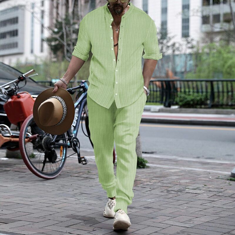 Primavera e autunno nuova moda uomo tendenza moda a righe colletto alla coreana camicia manica lunga pantaloni casual abbigliamento sportivo da uomo