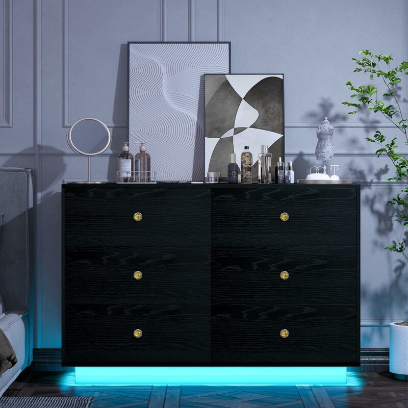 6 Drawer Dresser LED, Chest of Drawers for Bedroom with LED Lights, Floating Modern 6 Drawer Dresser with Diamond Handle