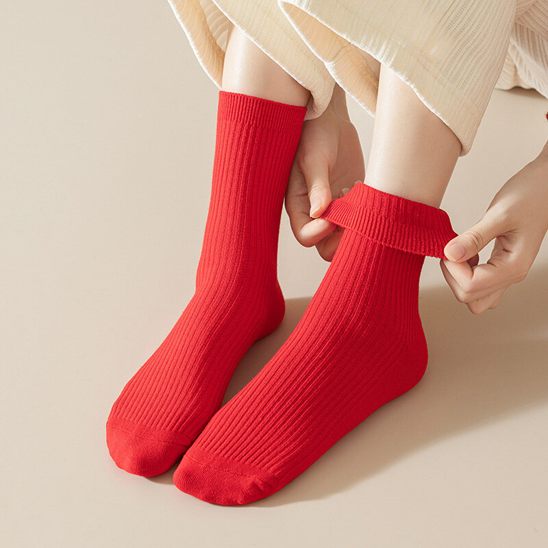 1Pair Winter Red Dragon Year Mid Tube Socks Tight Thickened Warm Slim Sockings Knitted Material