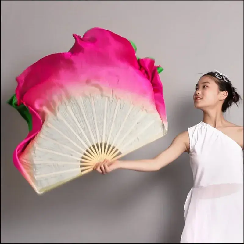 本物のシルクベリーダンスファン、2層複合色、中国フォークダンスファン、手作りアート着用ファン、卸売り、1ペア