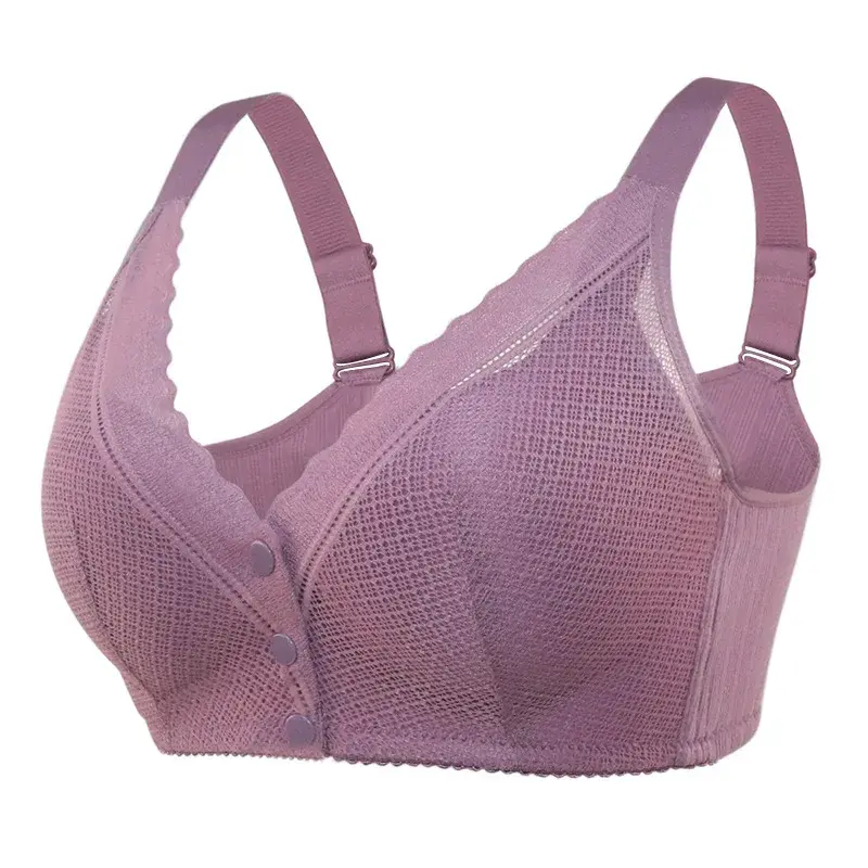 Middle-aged and elderly women's underwear simple natural fixed strap lace breathable front buckle no underwire full cup bra