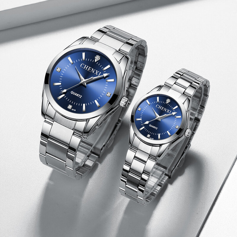 Chenxi นาฬิกาคู่สแตนเลสสายรัดข้อมือควอตซ์ผู้หญิงผู้ชายแฟชั่นของขวัญรายการนาฬิกาของเขาชุด gratis ongkir