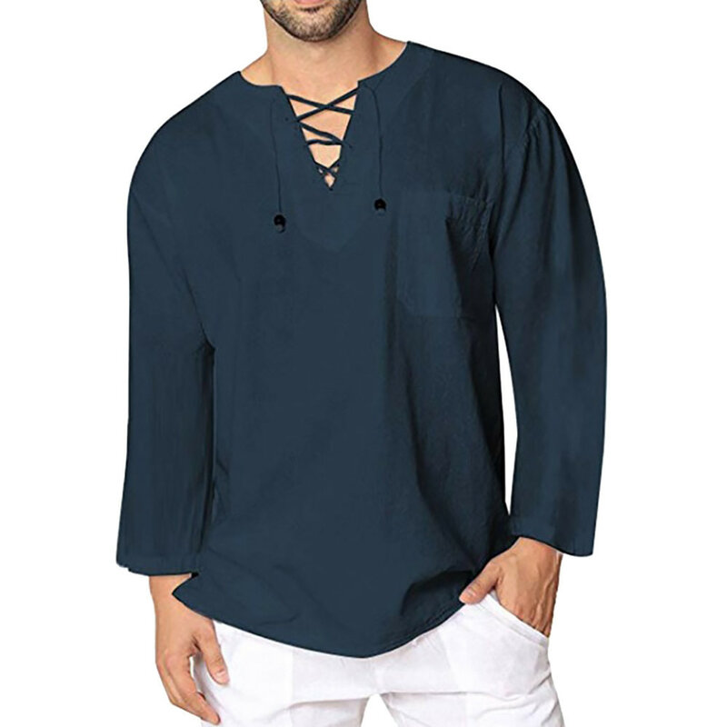 Muzułmańskie męskie lniane koszulki plażowe Bawełniane koszulki hipisowskie z długim rękawem i dekoltem w szpic Duża i wysoka arabska koszula 2024