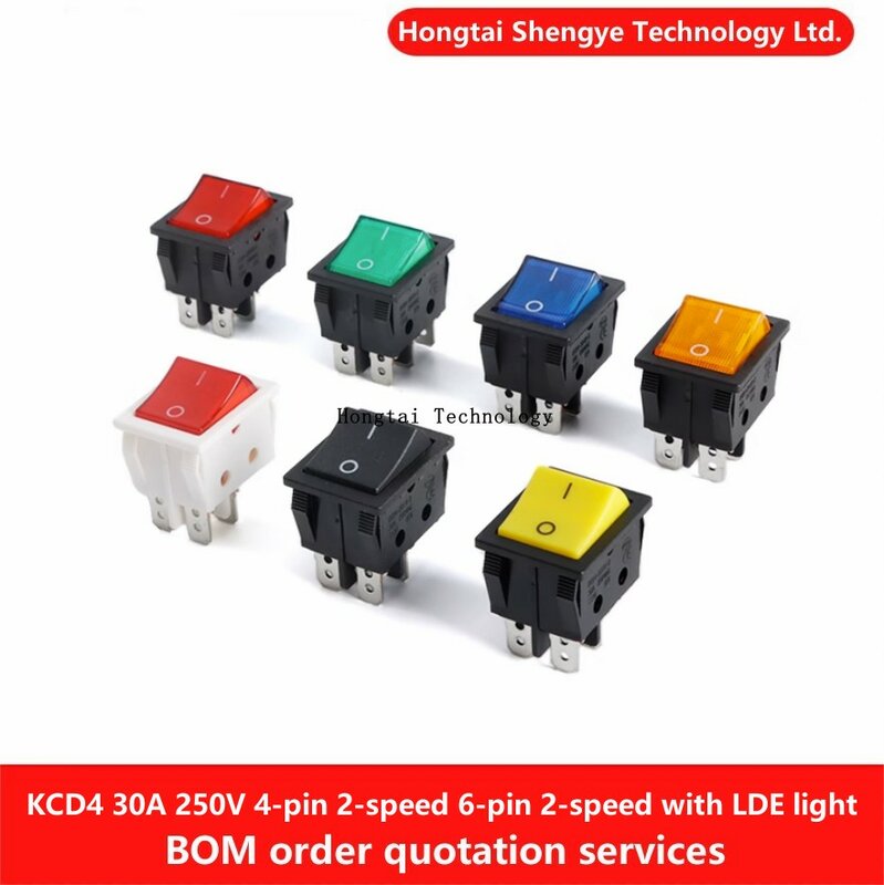 로커 보트 스위치 KCD4-201N-B, 4 핀, 2 단, 6 핀, 2 단, 220V, 블랙, 블루, 옐로우, 그린, 레드 라이트 전원 스위치, KCD4 30A