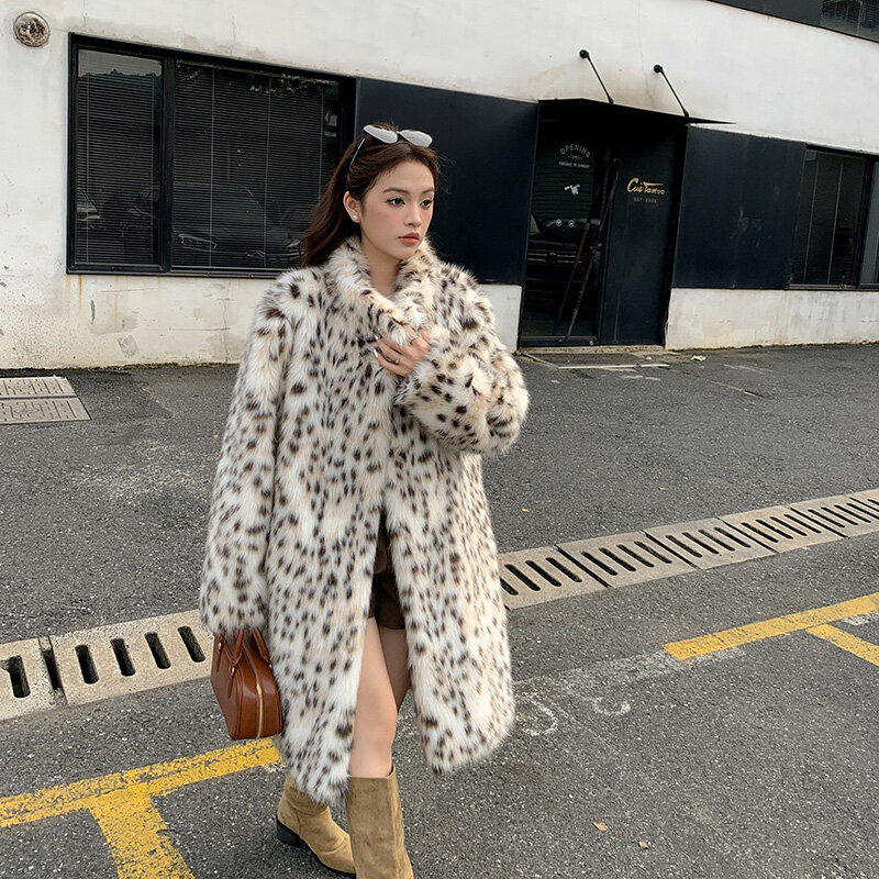 Женское утепленное меховое пальто, модное Свободное пальто средней длины с леопардовым принтом и лацканами из искусственного лисьего меха, для осени и зимы