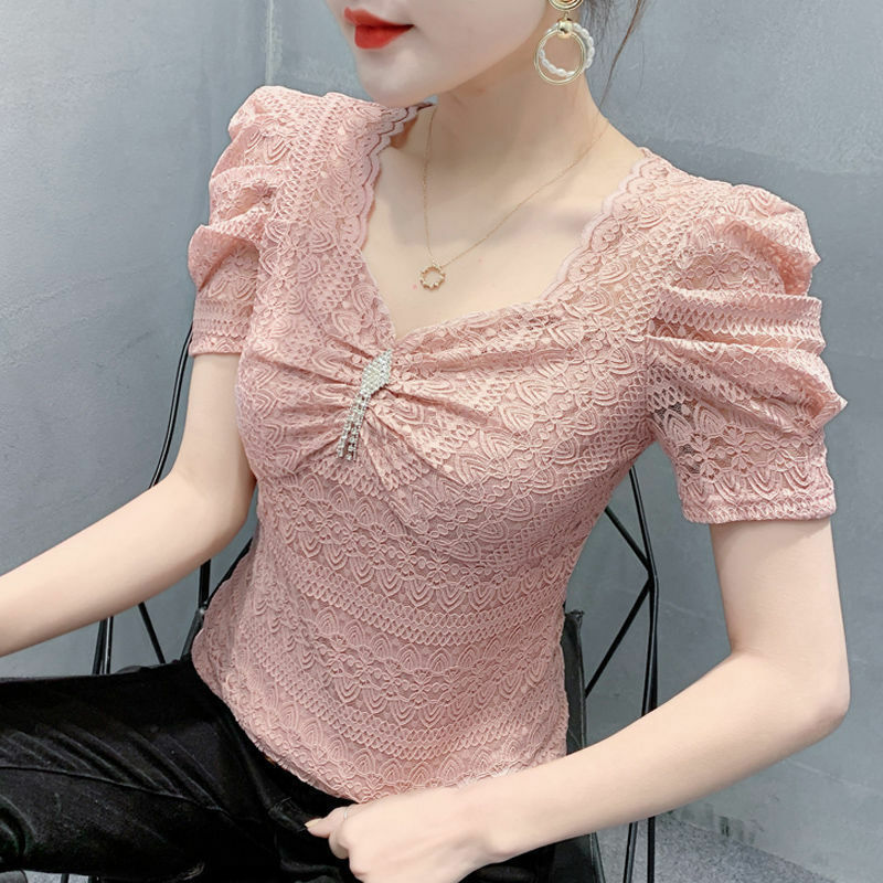 Blouses Women Fashion Summer Korean  Bubble  Sleeve  Embroidery  Hollow  Lady  Casual
