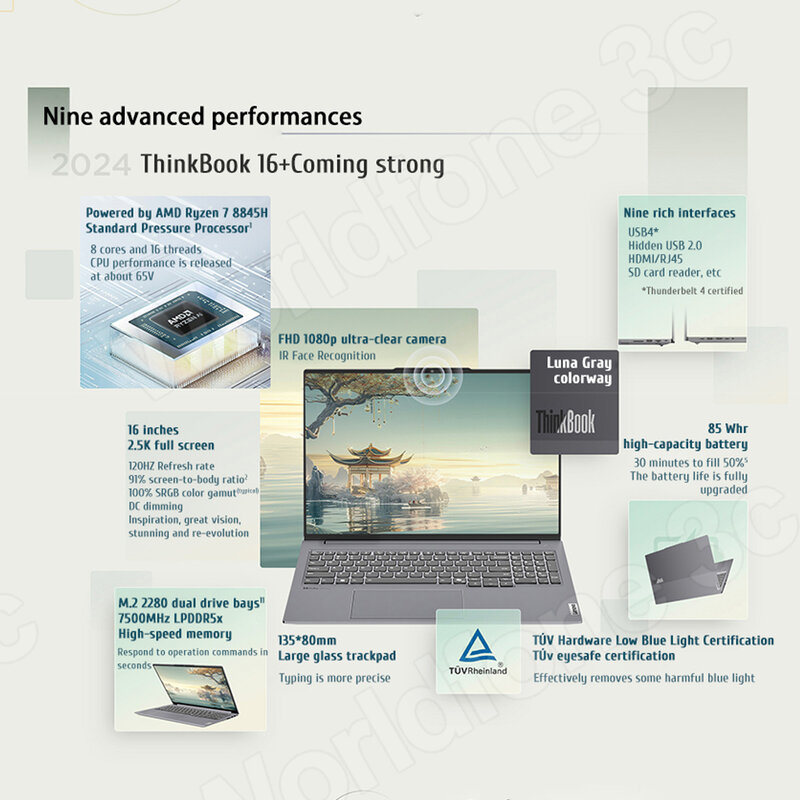 Laptop Lenovo ThinkBook 16 + 2024 AI AMD Ryzen R7 8845H Radeon 780M RAM 16GB LPDDR5x 1T SSD 16 inci 2.5K 120Hz layar Notebook PC