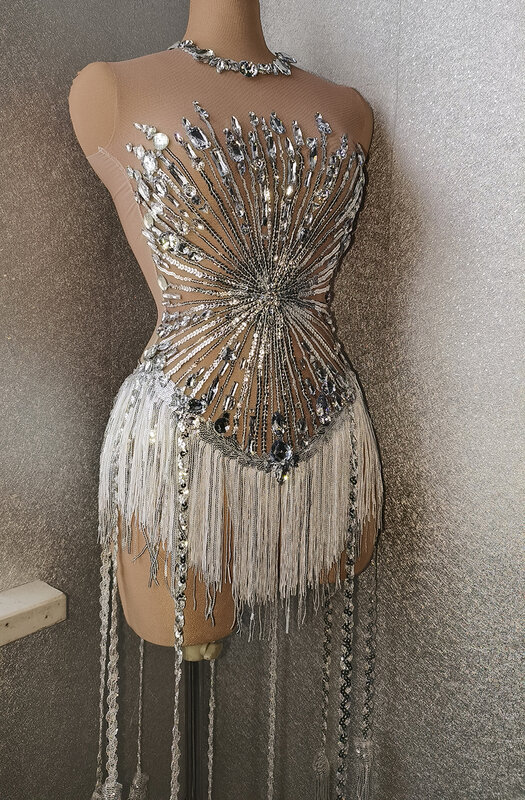 Bodysuit Kristal Berlian Imitasi Seksi Kostum Wanita Drag Queen Pesta Dansa Rumbai Ketat Panggung DS Kostum Tari Penyanyi Leotard