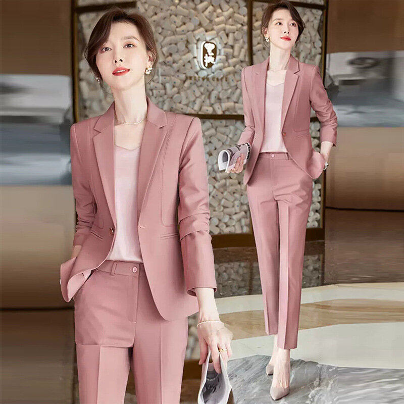 ชุดสูททางการสีชมพูสำหรับผู้หญิงชุดสูททำงานทางการแบบมืออาชีพชุดเสื้อคลุมสูทฤดูใบไม้ร่วง