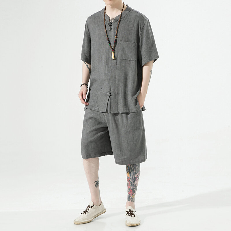 2024 Summer Men linen Sets Casual T-Shirt And Shorts Set Male Sports Suit Solid Color Tracksuit Loose Suits Size 5XL