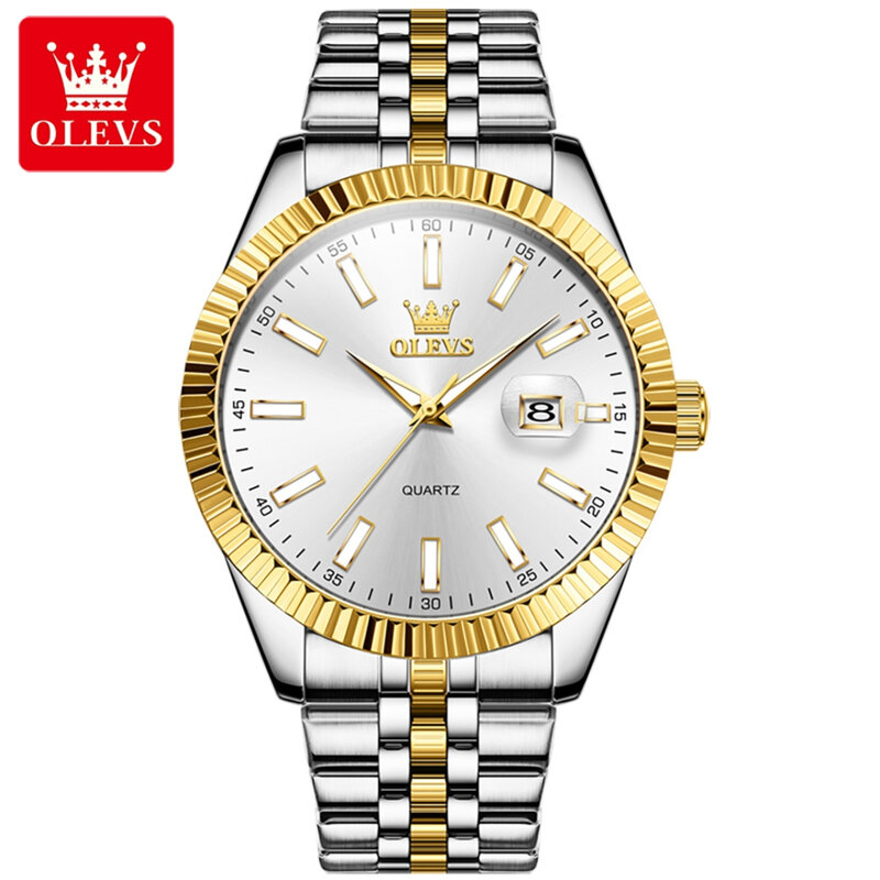 OLEVS jam tangan Quartz 5593, hadiah gelang arloji Stainless Steel panggilan bulat, kalender bercahaya