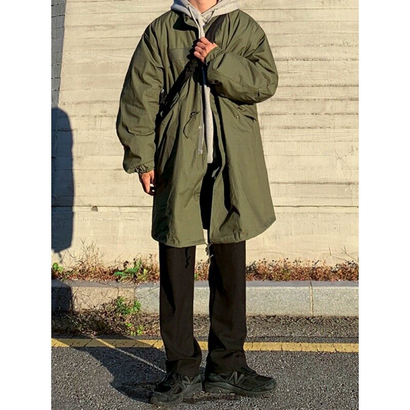 Inverno engrossado casaco de algodão médio e longo blusão masculino versão coreana all-in-one ins moda solta casaco de algodão japonês
