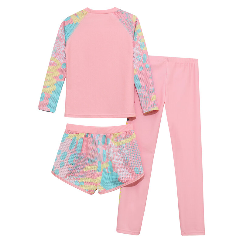 Maiô colorido estampado para meninas, proteção solar, protetor de erupção, top de manga comprida com shorts, roupa de banho de praia, 3 peças