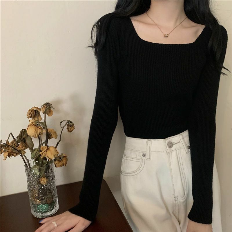 Autumn and Winter Top Women's New Square Neck Long Sleeved Knitted Sweater Slim Fit Square Neck Knitted Sweater