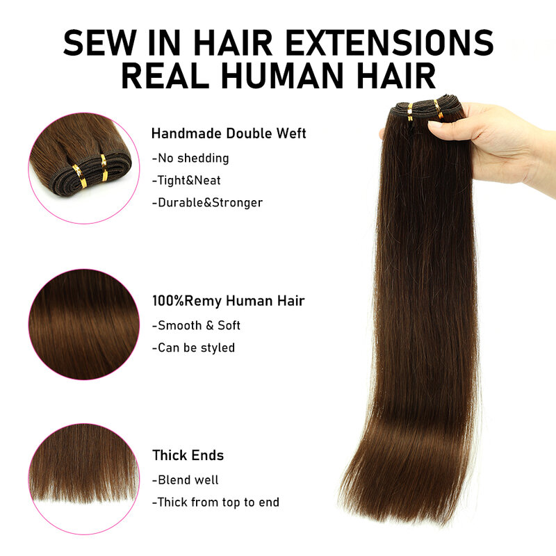 Smate-weft remy Hair Extensions、100% 人毛、ストレートヘア、縫い付け、16-22インチ、 #4