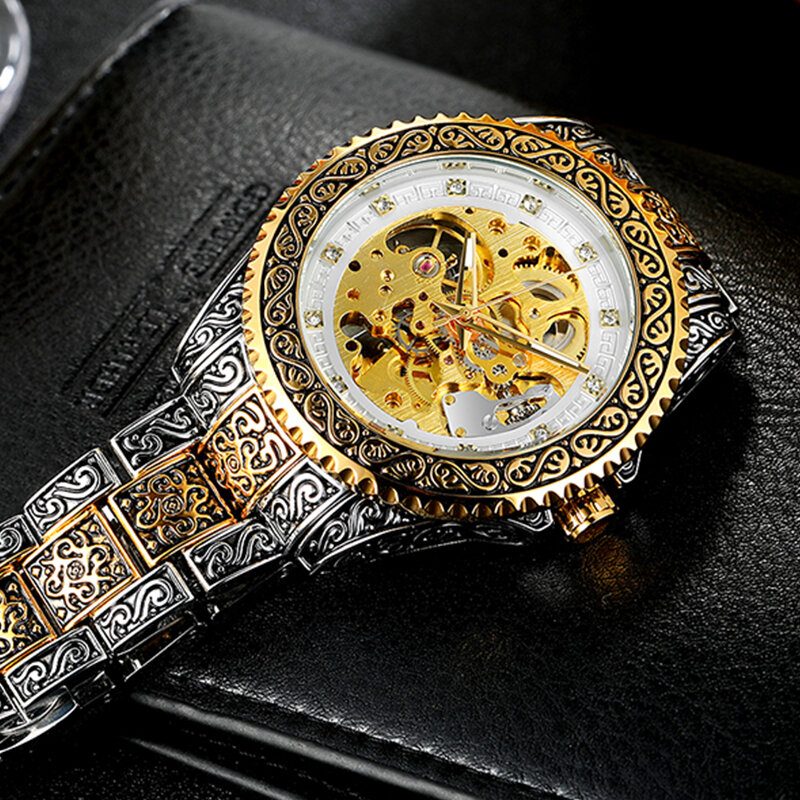 Forsining Men Mechanical นาฬิกาข้อมืออัตโนมัติชายสร้อยข้อมือ Homme ชาย Vintage Diamond Skeleton นาฬิกาสำหรับของขวัญบุรุษ