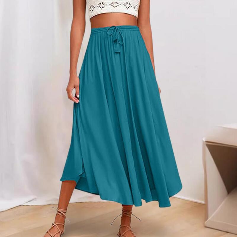 Women High Waist Midi Skirt Flowy Elastic High Waist Midi Skirt for Women Adjustable Drawstring Streetwear Soft Polyester Fiber