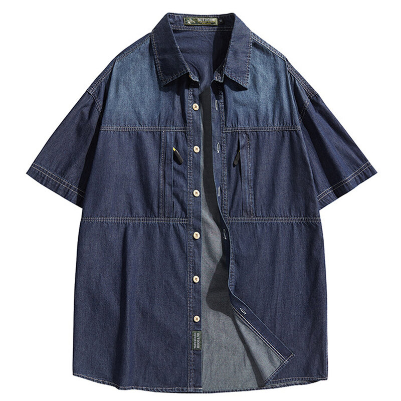 Camisa de mezclilla de manga corta para hombre, camisas Vintage Harajuku, camisas de carga, chaqueta masculina de verano