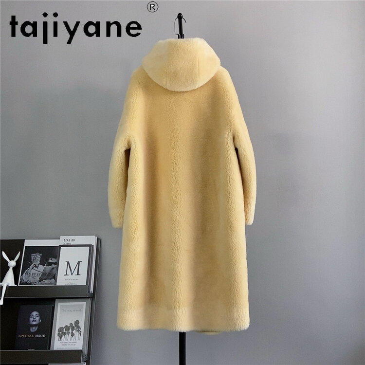 Tajiyane 100% Sheep Shearing Jacket for Women 2024 Autumn Winter Mid-length Wool Coat Fashion Hooded Coats and Jackets Abrigos
