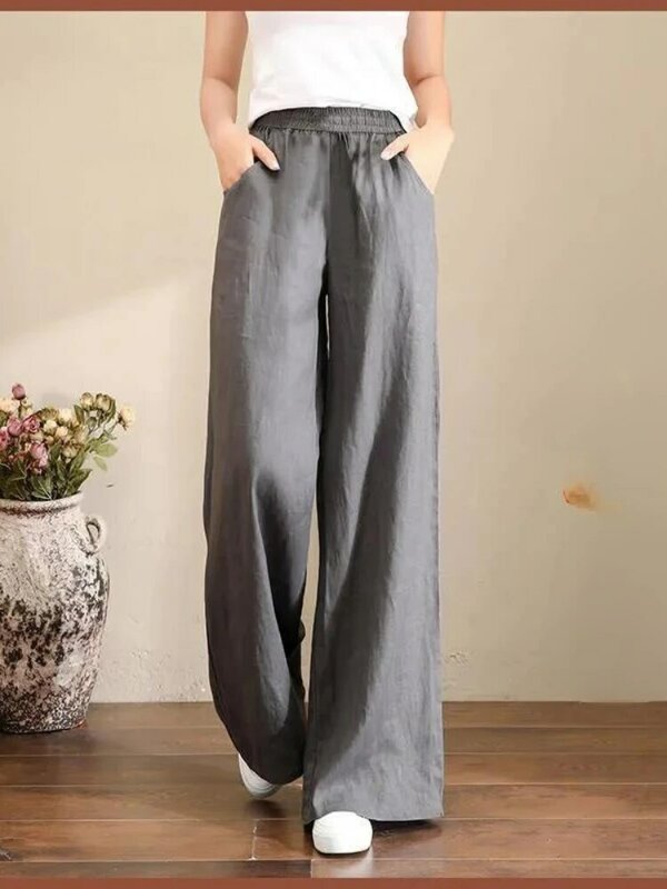 Pantalones de pierna ancha de gran tamaño para mujer, ropa de calle de lino, pantalones de chándal con cordón, novedad de 2023