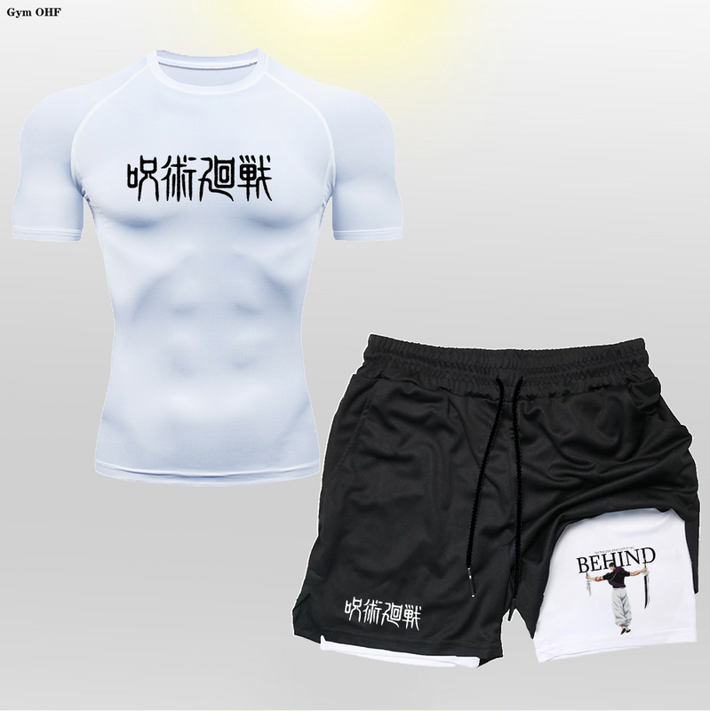 Laufset Männer Trainings anzug 2 in 1 Shorts Sportswear Männer Anzüge Fitness studio Joggen trainiert Anime Jujutsu Kaisen Kompression anzug im Freien