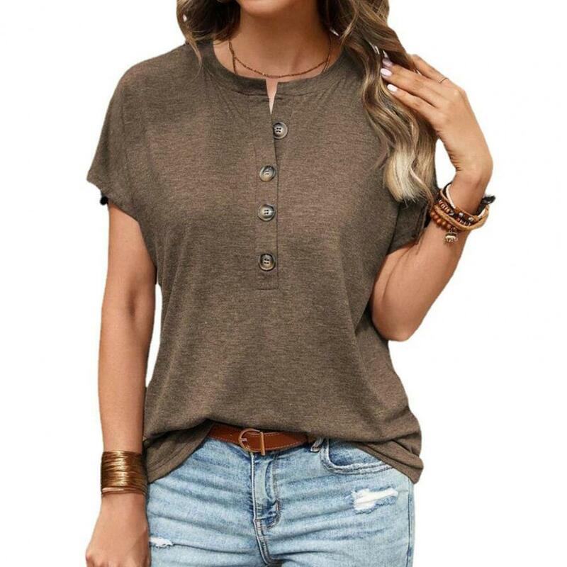 여성용 신축성 티셔츠, 세련된 O넥 버튼 티셔츠, 루즈핏 풀오버 스타일, 단색 캐주얼, 여름