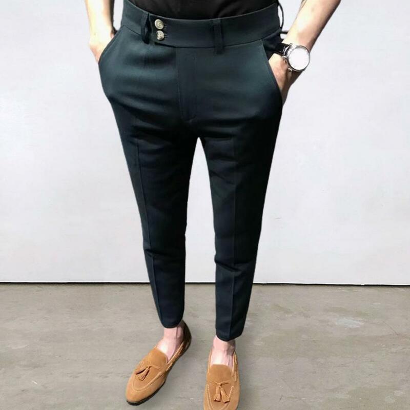 Chic  Ninth Trousers Ankle Length Straight Pattern Men Trousers Office Slim Fit Men Suit Pants Male Clothes