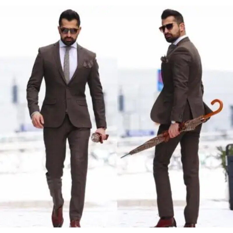 Brown Double Spilt Mens Suits For Wedding 2 Pieces Ternos Masculino Slim Fit Party Suits Grooms Mens Suits (Jacket+Pants)