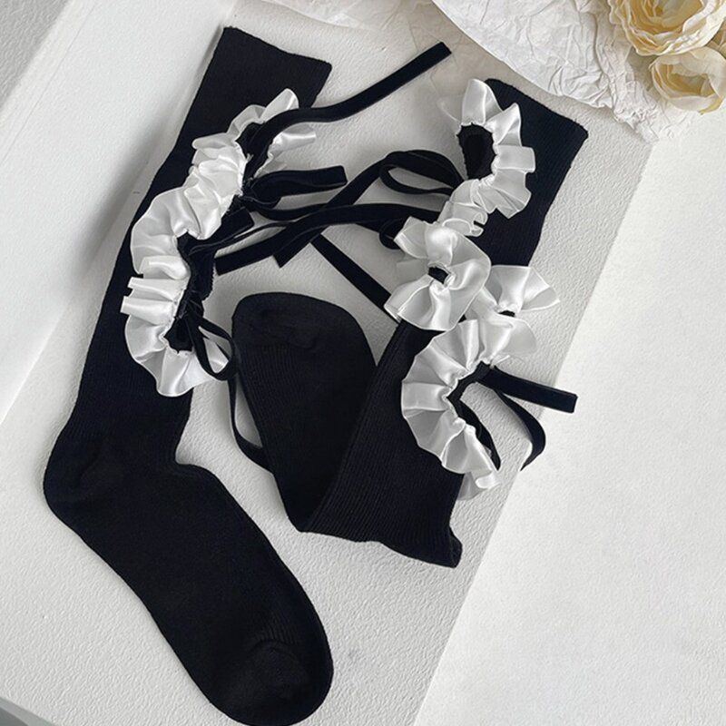 Japanese Women Ribbed Calf Socks Harajuku Hollow Out Hole Ruffled Patchwork Lace-Up Bowknot Cotton Tube Stockings