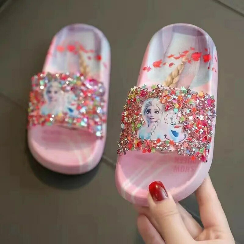 Sapatos Frozen Anna e Elsa feminino Disney, lindos desenhos animados princesa Flats, sapatos infantis, chinelos internos e externos, sapatos de praia infantis
