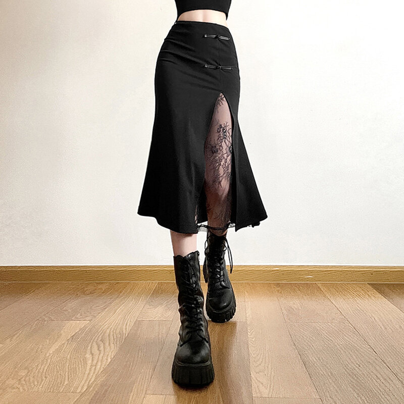 Женская эстетичная юбка миди в стиле ретро, кружевная Лоскутная юбка с разрезом и высокой талией, летняя повседневная Универсальная юбка-годе