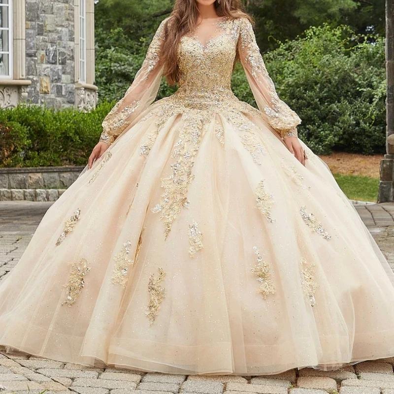 Luxury Champagne Quinceanera Dresses Ball Gown Appliques Lace Beads Tull Long Sleeve Sweet 16 Dress Prom Party Wear