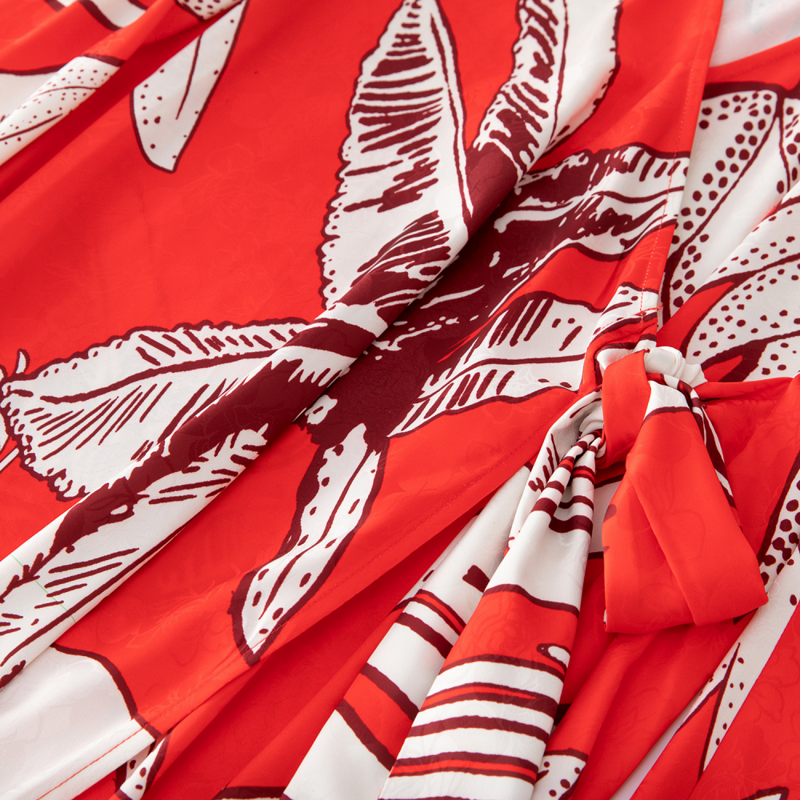 Cintura com cordões com decote em v feminino vestido maxi estampado flor vermelha, Vintage, Casual, Designer de moda, Verão, Novo, 2023