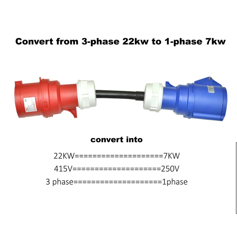 Adaptador de carregamento do veículo elétrico, Converter de 22Kw para 7Kw, 3 fases para 1 fase, 32A CEE macho vermelho, 5Pin conectado a 3Pin fêmea azul