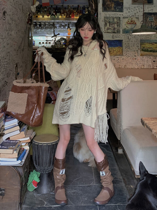 Deeptown Grunge Aushöhlung Pullover Frauen Harajuku Kpop übergroßen Strick pullover faulen Stil schulter frei Pullover Y2k Tops koreanisch