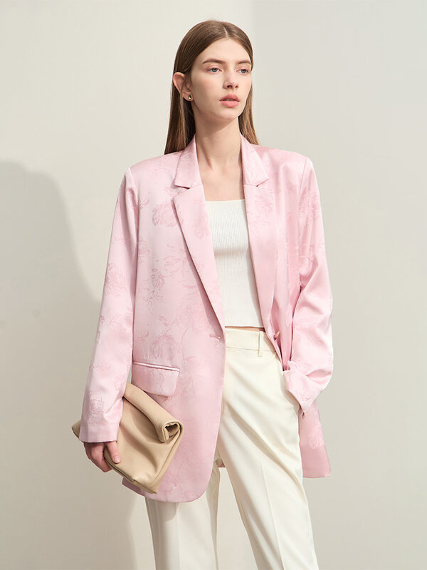 AMII Minimalism 2024 Woman's Blazers Spring New Mid-length Peony Jacquard Loose Non-stretch Basics Female Printed Coats 12441108