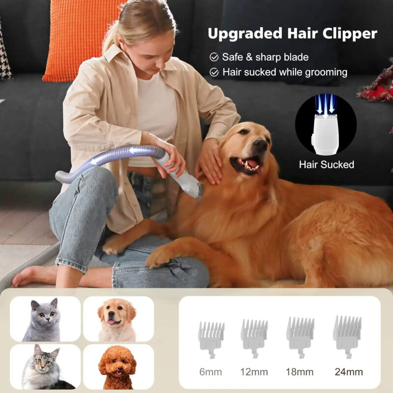 Kit de aseo de perros, 6 en 1, aspiradora de aseo profesional para mascotas recoge 99% de pelo de mascota, copa de colección de pelo de 2.6L para recortar