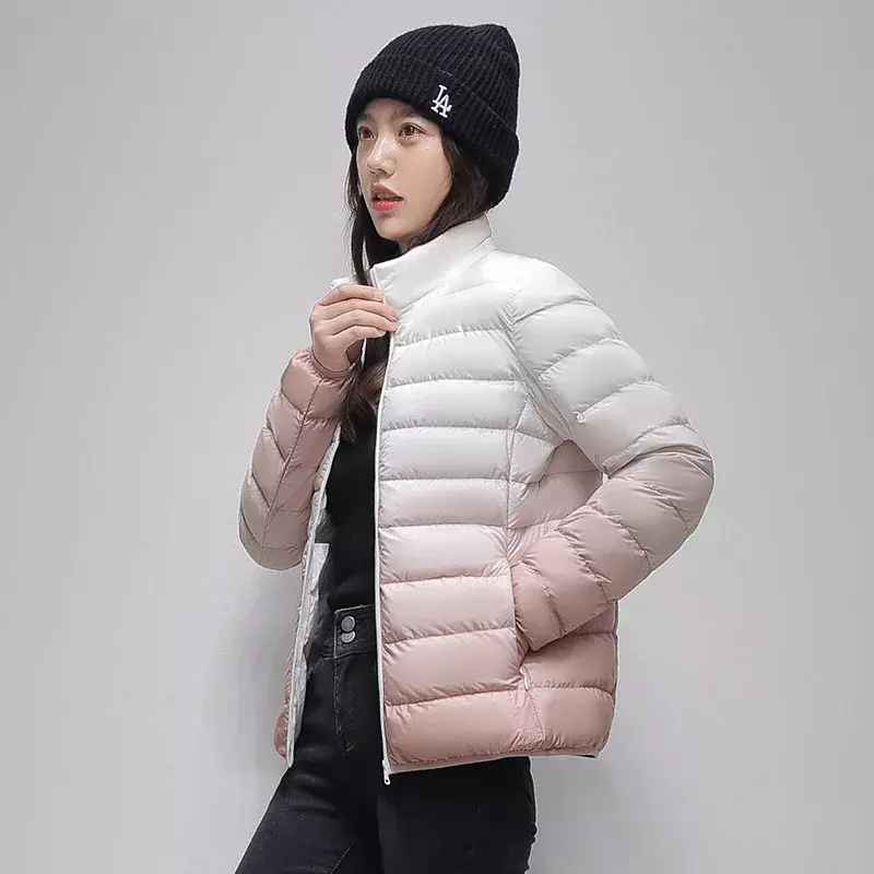 Jaket Down kasual gradien wanita, jaket tahan angin luar ruangan, jaket Multi guna portabel ramping untuk wanita musim dingin