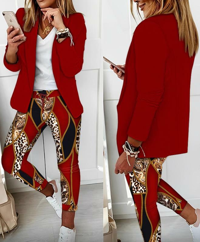 Spot Women's Clothing 2023 New Hot Selling Casual Fashion Shawl Collar Suit Jacket and Baroque Leopard Print Pants Set