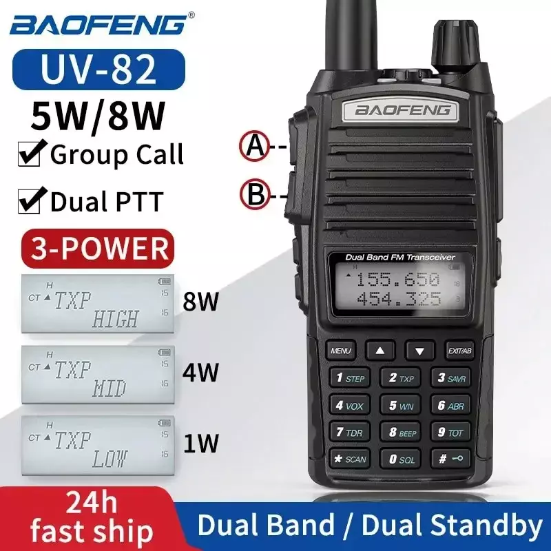 Baofeng-UV 82 Walkie Talkie, Real 5W, 8W, Radioamador Comunicador, PTT duplo, Long Range, 2 Way, Portátil, FM, Estação de Rádio Amador