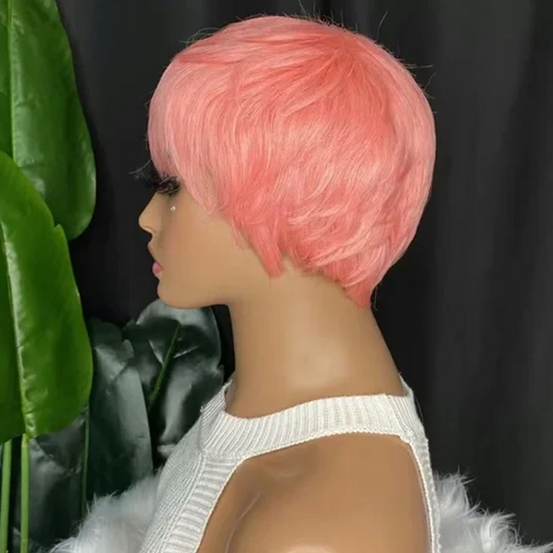 Nosić bezklejowe peruka z naturalnych krótkich włosów fryzura Pixie proste włosy brazylijskie Remy dla czarnych kobiet w różowym kolorze tanie bezklejowa peruka
