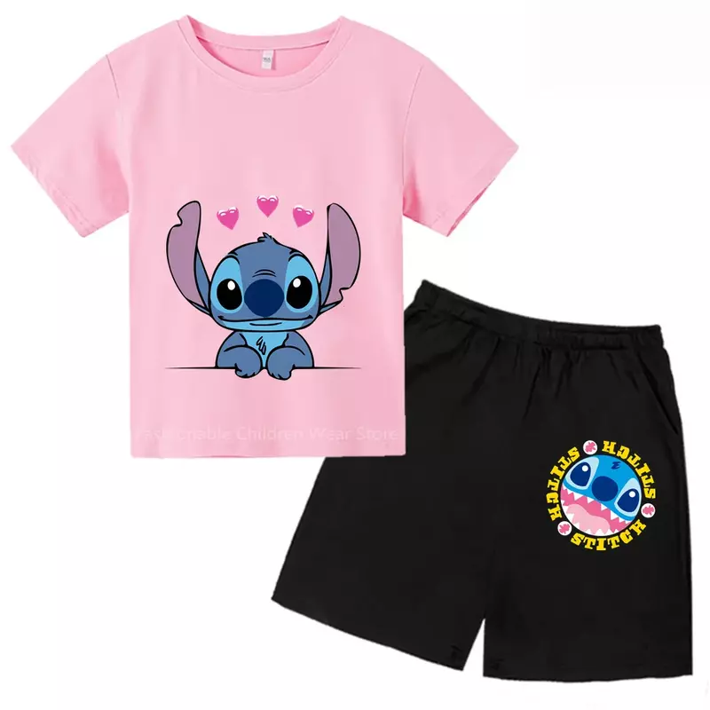 Conjunto de camiseta de manga corta y pantalones cortos con estampado de Anime Disney Stitch, divertido y cómodo, Ideal para aventuras de verano para niños, 2024