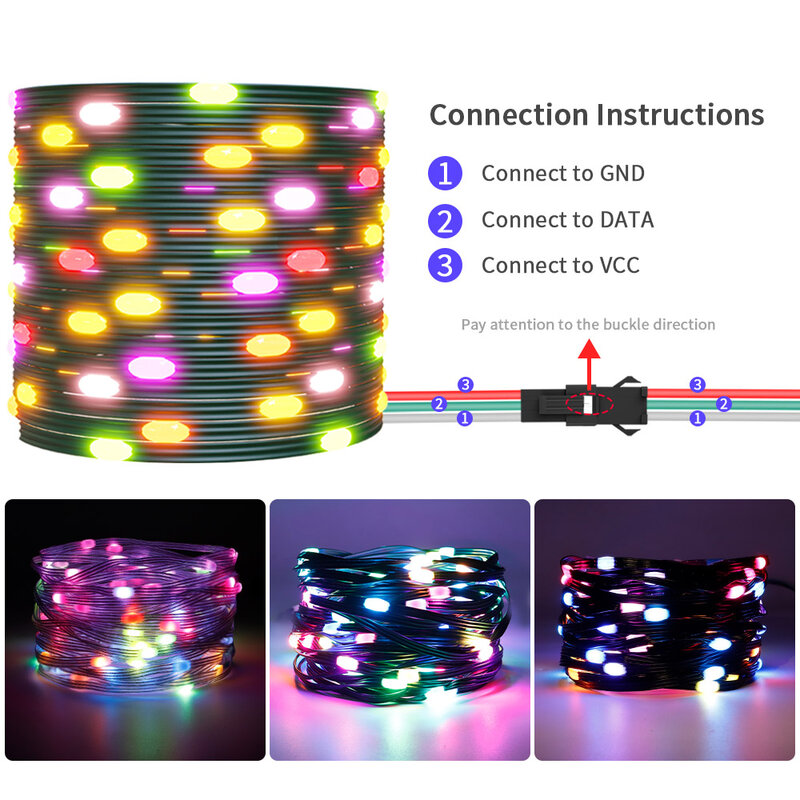 أضواء سلسلة LED مقاوم للماء ، عنونة ، شفافة ، الأخضر ، الأسلاك السوداء ، RGB ، عيد الميلاد ، DC5V ، WS2812B ، WS2812 ، 3Pin