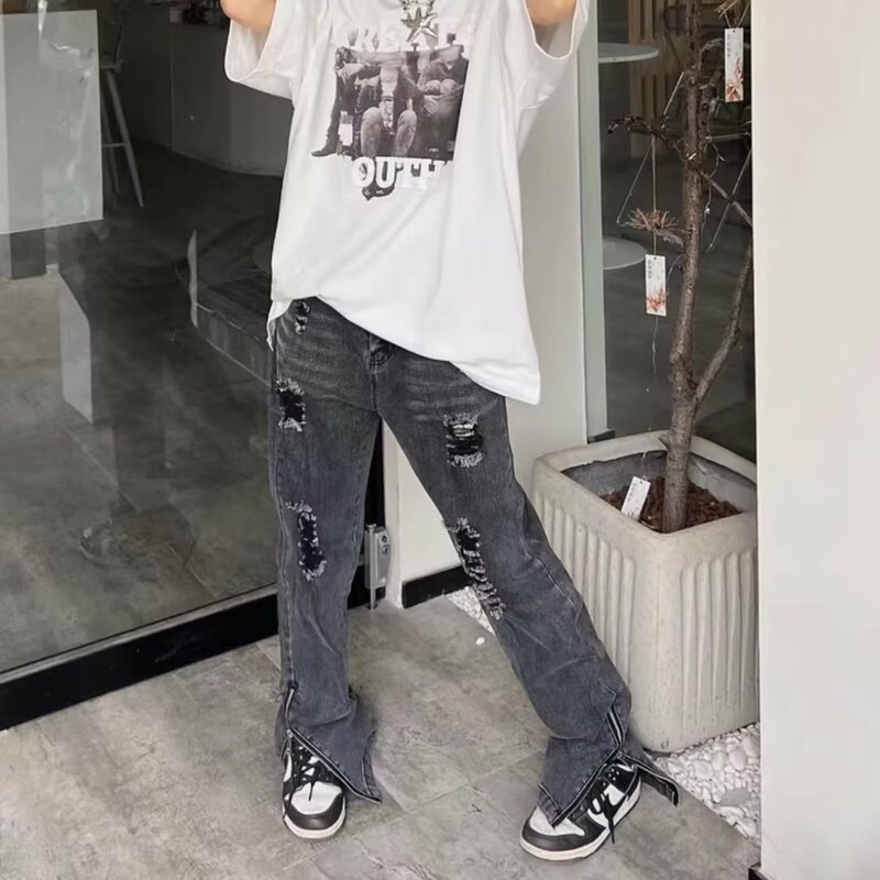 Pure Color Jeans Men Straight Spring Autumn Minimalist Stylish Streetwear Bleached Ripped Hole Vintage Retro Korean Style Chic